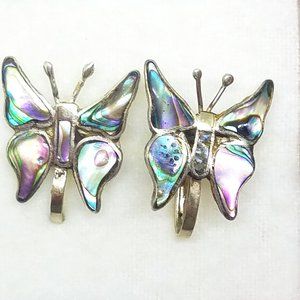 Handmade BUTTERFLY Screw-back Earrings Silver Mexico "Taxco Eagle 3" Mark MOP